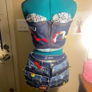 Custom-made, corset in Jean mini skirt